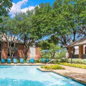 sparkling pool under large oaks